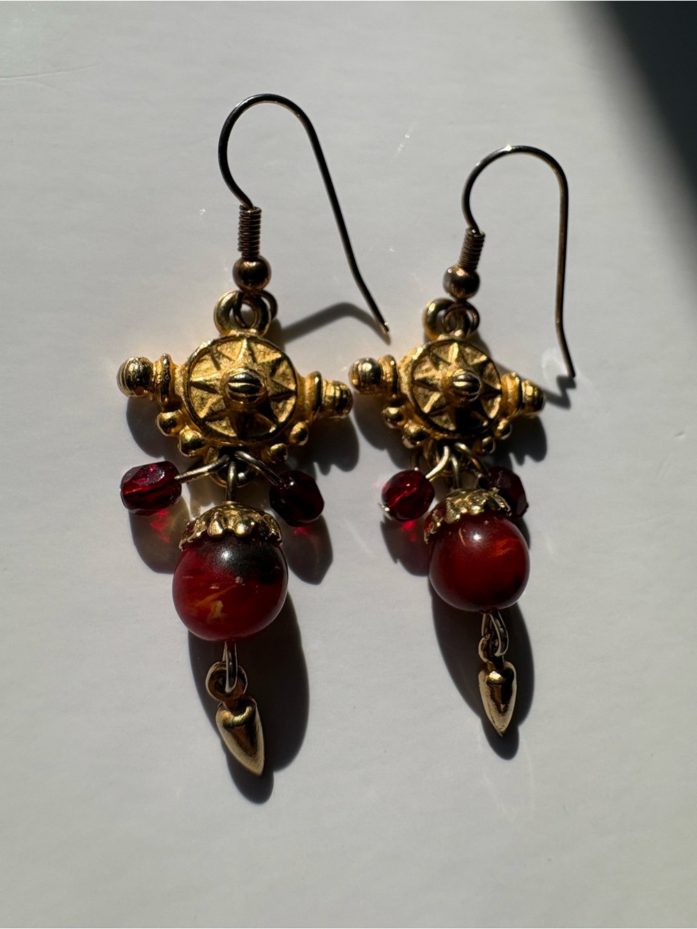 Vintage Gold Byzantine Etruscan Sun Cross Coral Carnelian Dangle Earrings